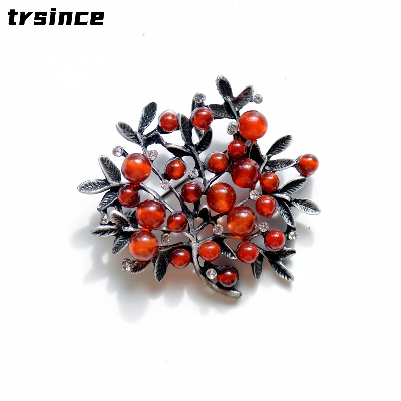 Women Accessories Bouquet - Red Rhinestone Trees Brooch Natural Stone